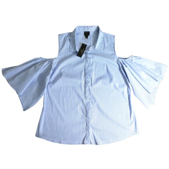 NWT Worthington Women's Cold Shoulder Bell Sleeve Blue/White Stripe Button Up XL - Picture 1 of 11